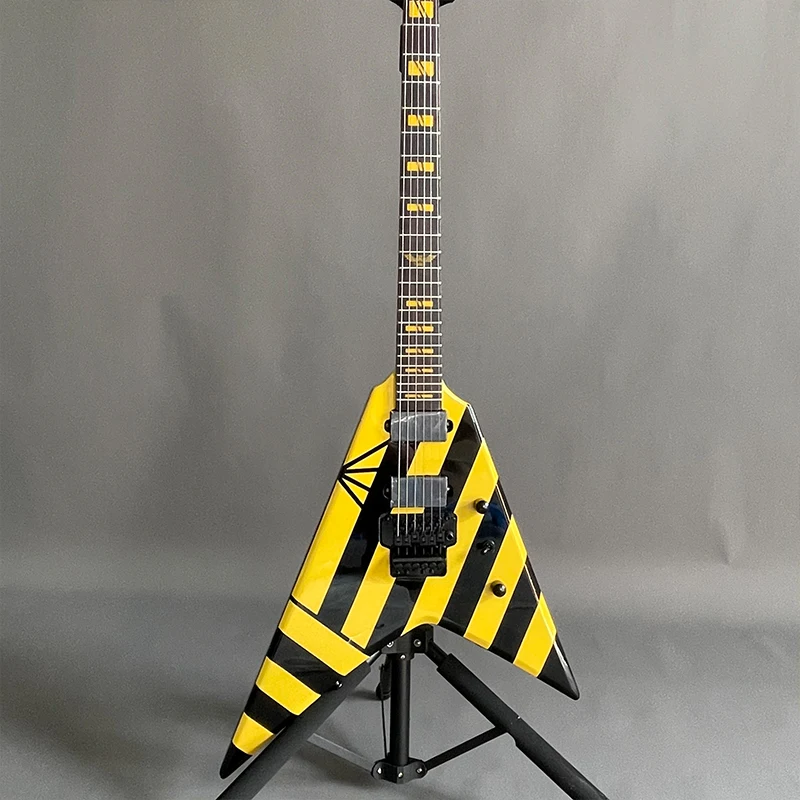 

High Quality Electric Guitar 6 Strings Black Yellow Striped V Guitars Custom Michael Sweet Parallaxe Stryper FR Bridge Fast Ship