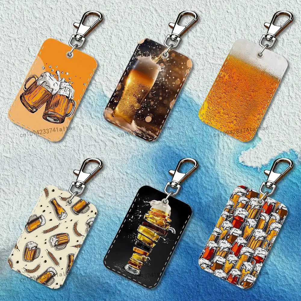 

Beer Art Pattern Rectangle Card Case Keychain Access Card Bag Key Tag Ring Leather Card Holder Key Ring Access