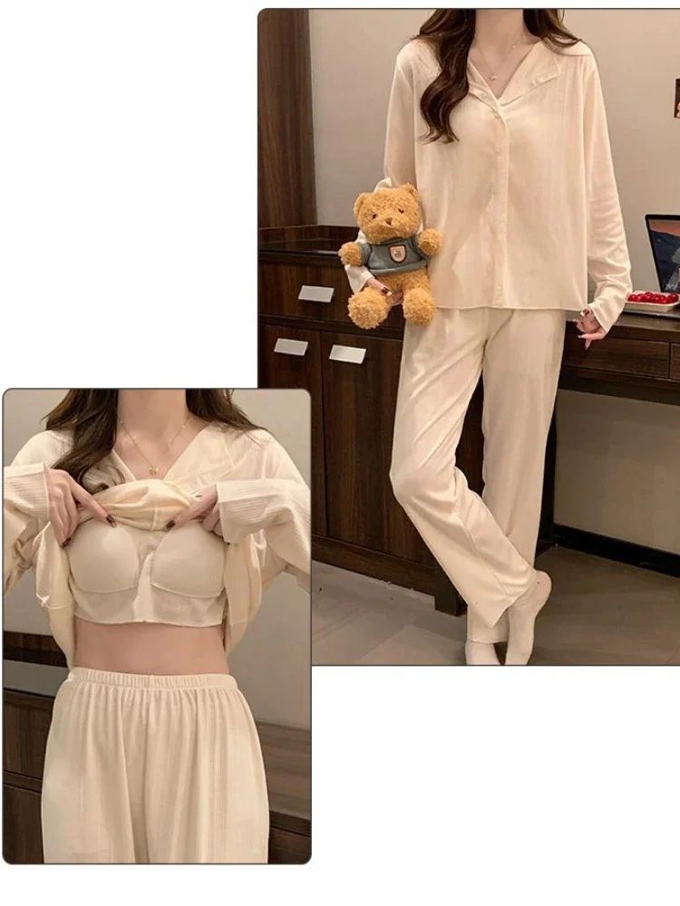 5XL PLUS ขนาดฤดูใบไม้ผลิชุดนอนผู้หญิงผ้าฝ้ายแขนยาว 2 ชิ้นชุดหลวม Loungewear หน้าอก Pads Homesuit สวมใส่ด้านนอก