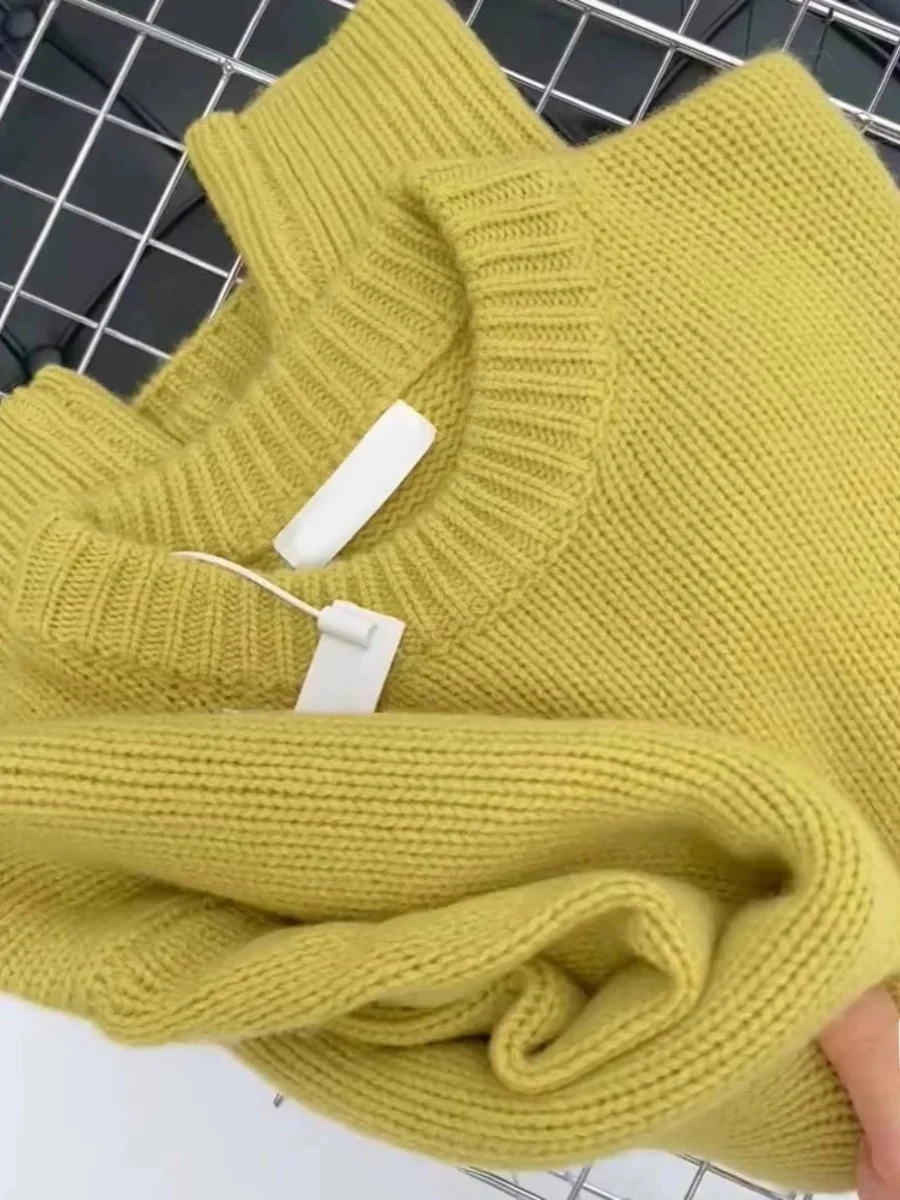Suéter de punto amarillo limón para mujer, jersey de cuello redondo, suave y cómodo, estilo coreano, manga larga, corte holgado, para otoño e invierno
