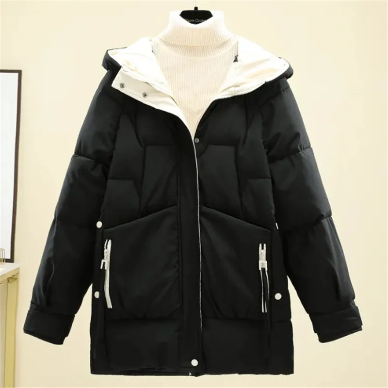 

Autumn Winter Mid-Long Cotton-Padded Jacket Women 2023 New Hooded Loose Pure Colour Outwear Fashion Concealed Zipper Coat Female