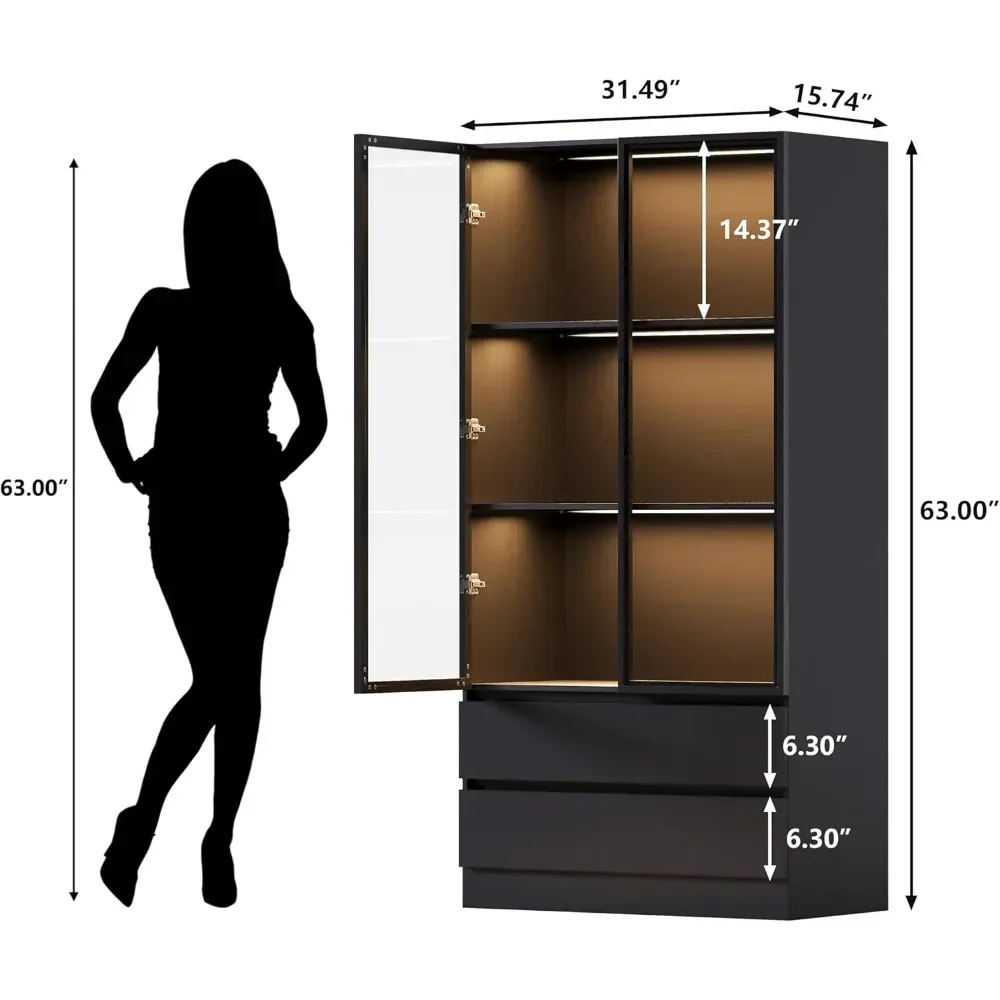 XMSJ Glass Display Cabinet with Glass Doors Lights, Storage Cabinet Display, Lighted Bookcase for Home Office,Glass Display