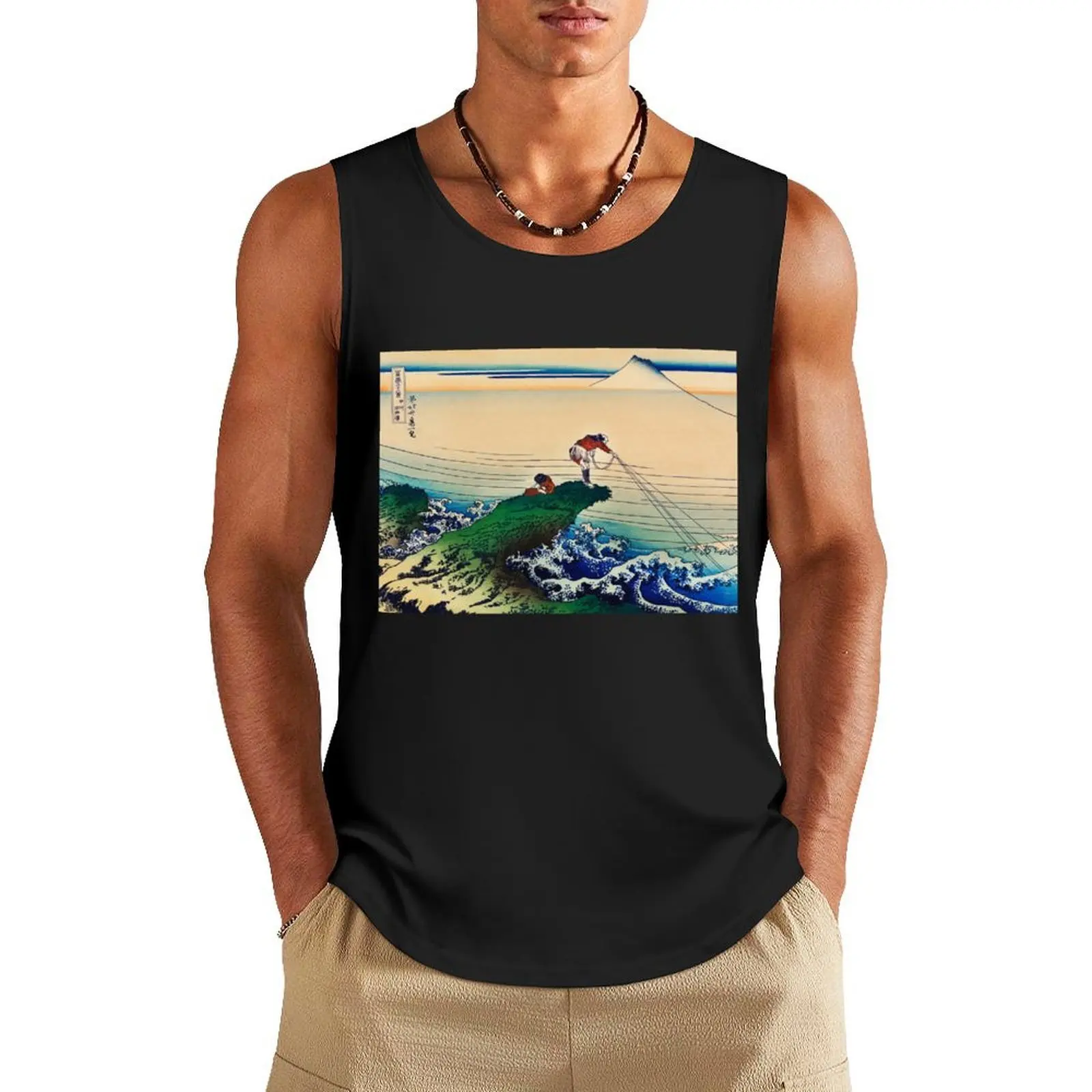 

Japanese Man Fishing by the Sea — Hokusai Tank Top Japanese t-shirt sleeveless gym shirt man fitness singlets for men