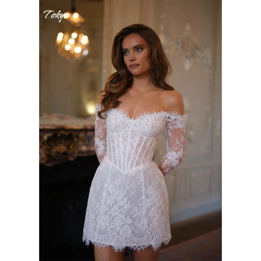 Tokyo Customized White Off the Shoulder Wedding Dresses Lace Long Sleeve Back Lace-Up Bridal Gowns Flower Mini Wedding Gowns