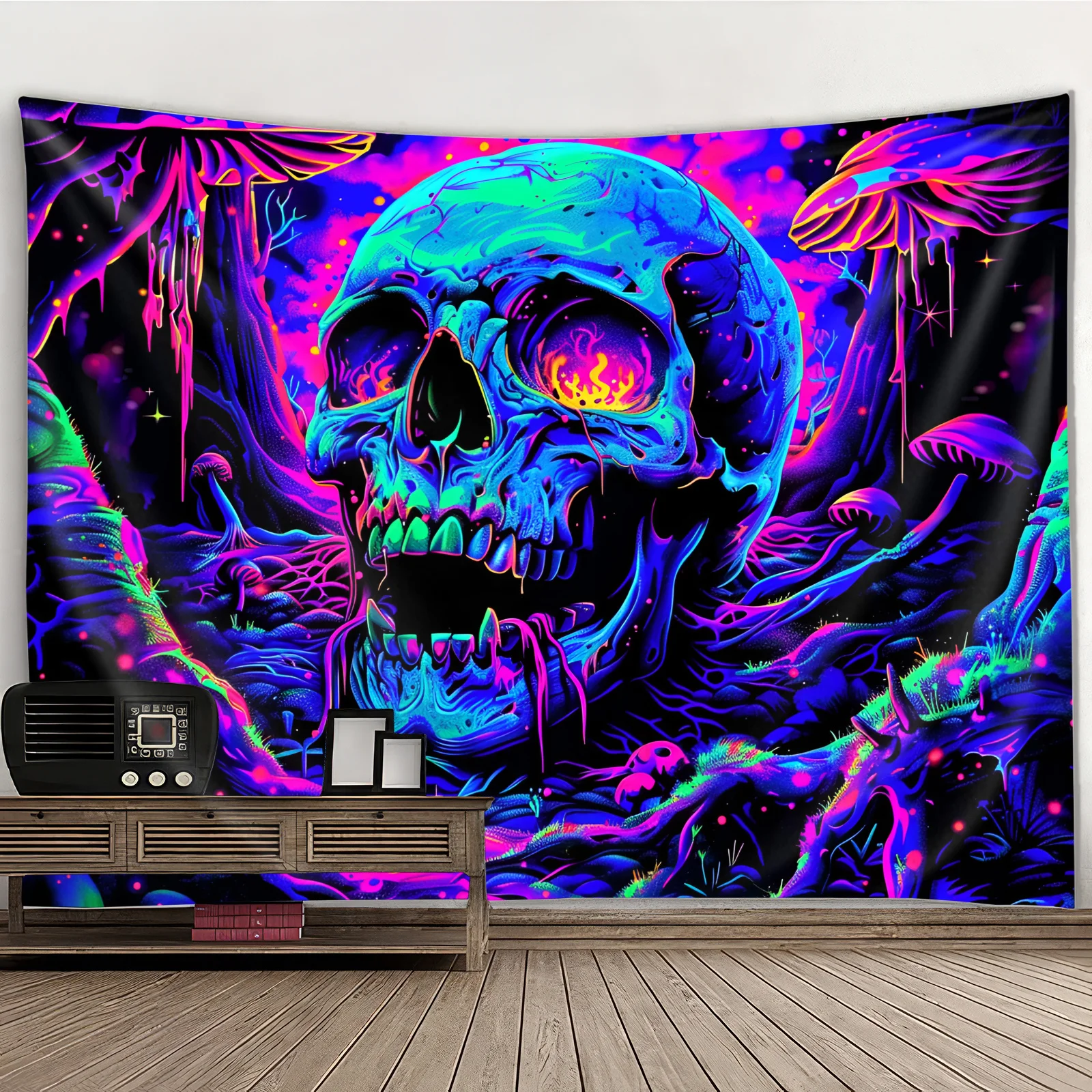 VIKAMA Trippy Skull Mushroom Tapestry Neon Purple Forest Wall Hanging Psychedelic Backdrop Blacklight Gaming Room Decor