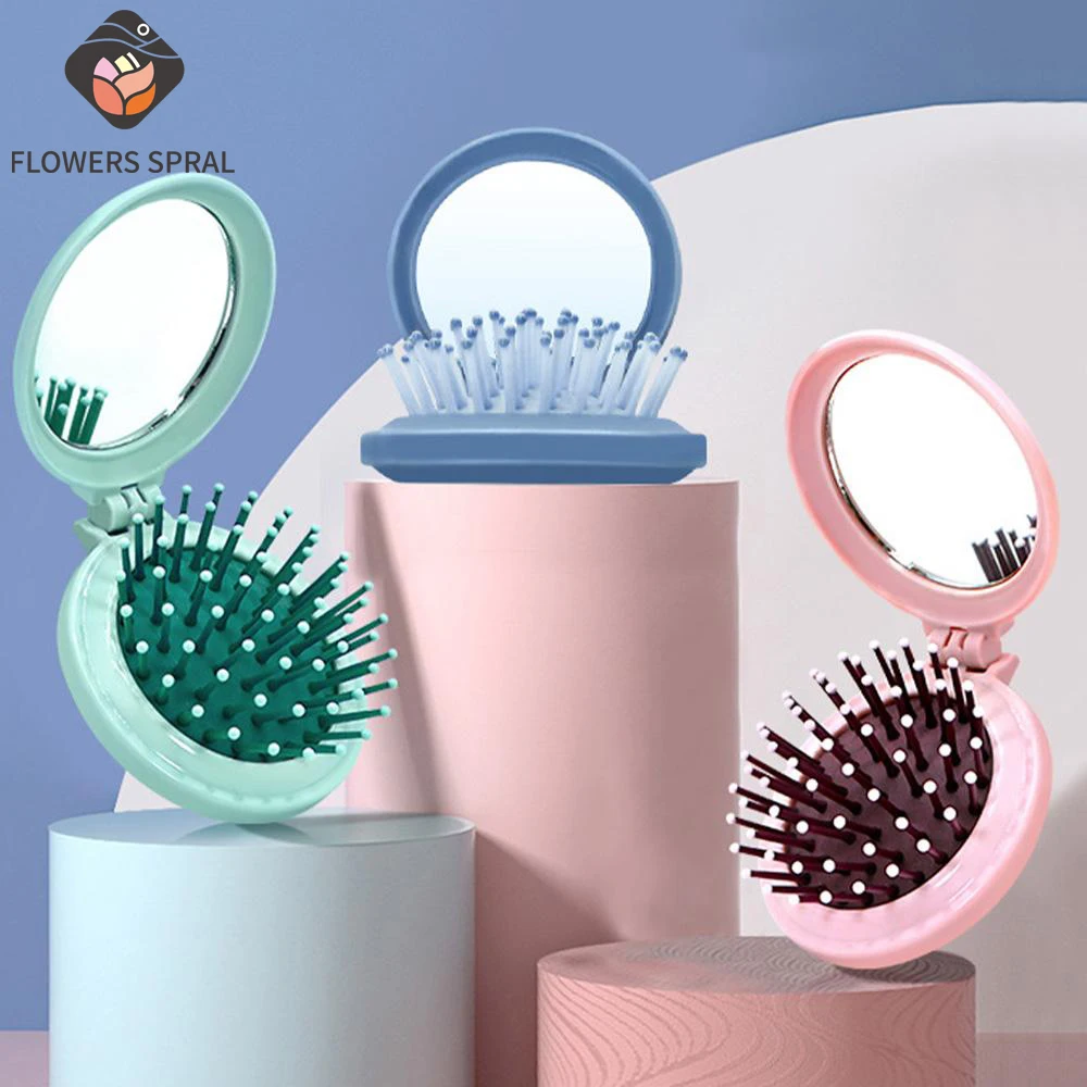 

Mini Folding Comb Mirror Dual Use - Portable Round Cute Pocket Comb, Essential for Girls' Travel Massage, Smooth Hair Styling Co