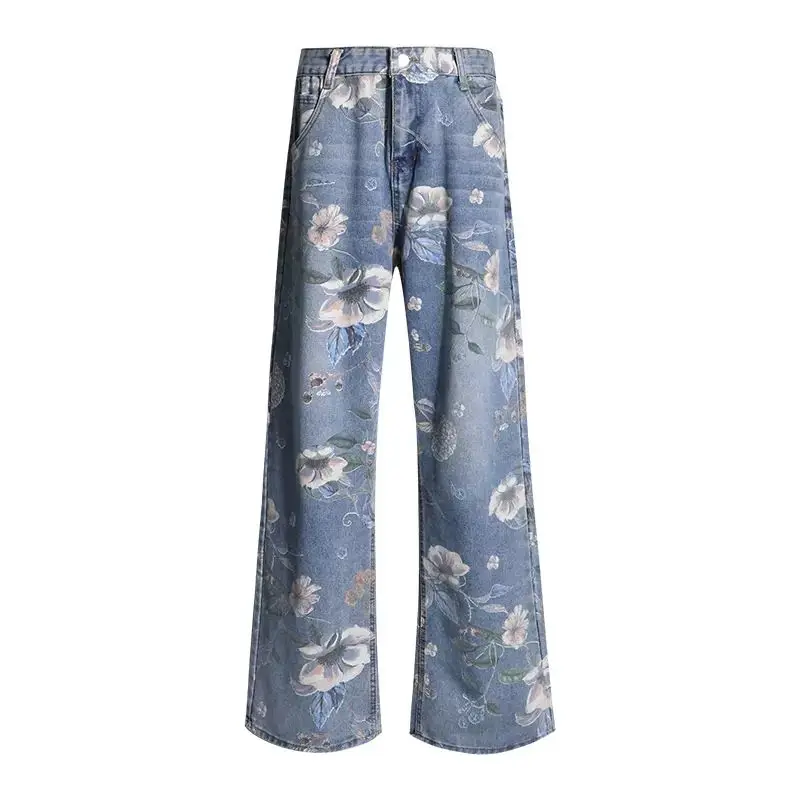 Women Large Size Retro Floral Wide Leg Jeans with High Waist Design Niche Printed Loose Straight Floor Mopping Pants