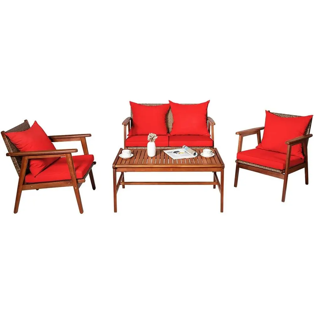 

Acacia Wood Patio Sofa Set with Cushions and Coffee Table, Outdoor Sectional Seating for Backyard or Poolside (Red)