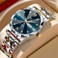 Montre de luxe en acier inoxydable pour homme, diamant, eau, lueur nocturne, double calendrier, mouvement à quartz, bleu, or, mode, affaires, 41mm 1