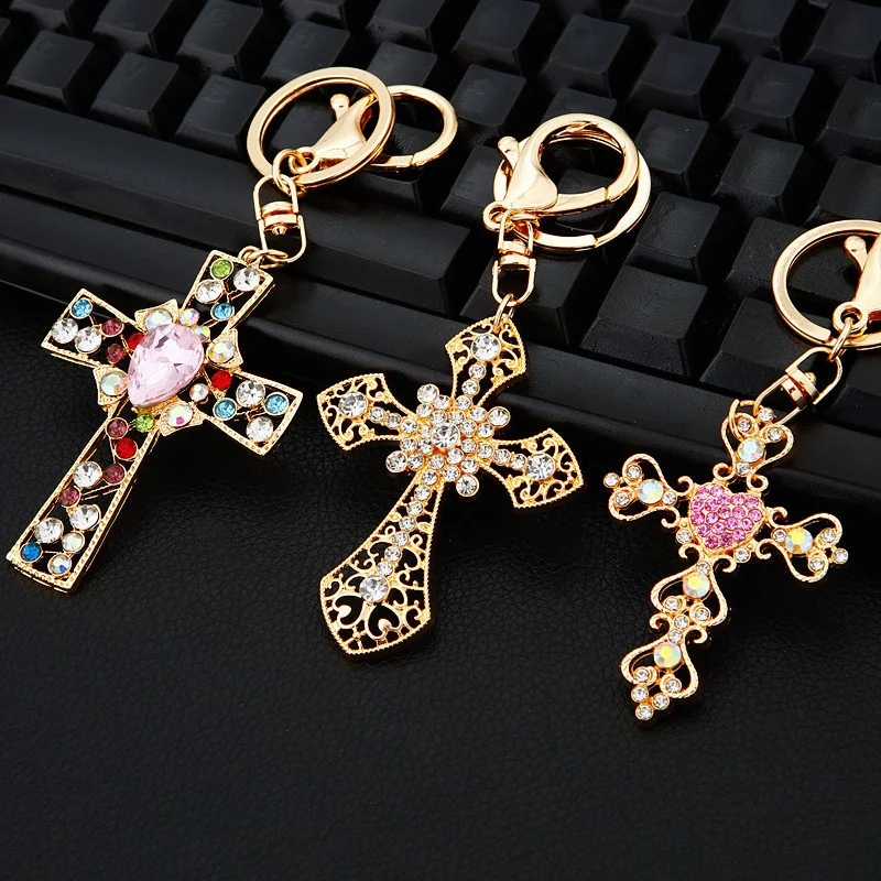 Cross Crystal Keychain Keyring Jesus Christian Catholic Rhinestone Key Chains Car Bag Key Holder For Men Women Jewelry