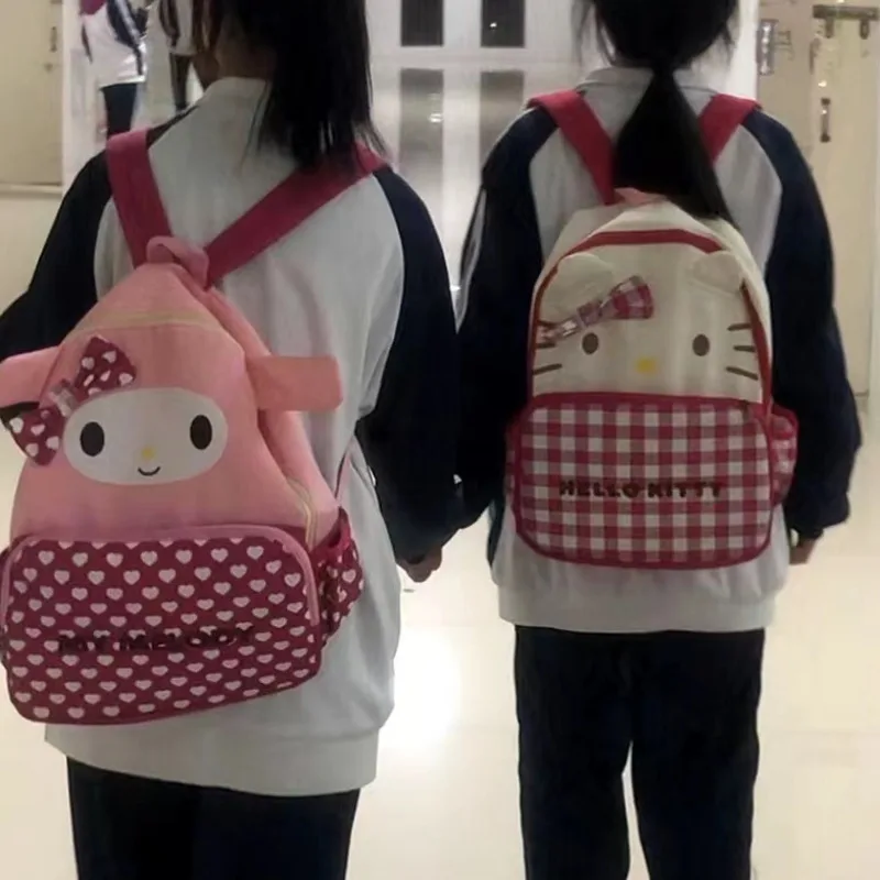 Sanrio Hello Kitty Cute Cartoon Plaid Backpack Y2k Women Fashion Large Capacity Kawaii Schoolbag Casual Shoulder Bags My Melody