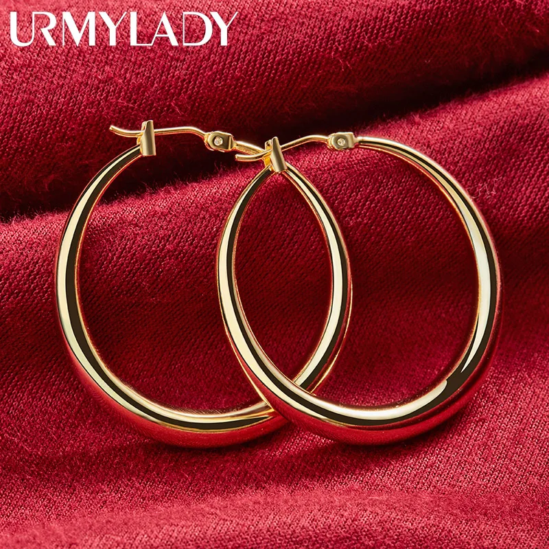 URMYLADY Smooth Round Moon Hoop Earrings 925 Sterling Silver For Women Charm Wedding Engagement Fashion Party Jewelry