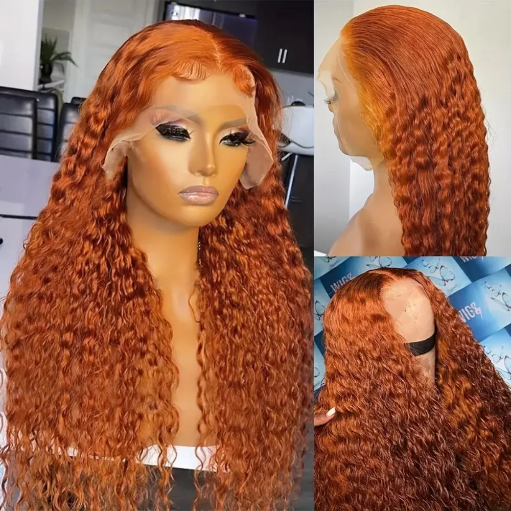 Peluca de cabello humano de onda profunda naranja jengibre, encaje frontal de encaje transparente HD 13x4, densidad de 200, prearrancado con cabello de bebé, encaje prearrancado