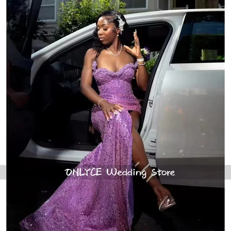 2026 Exquisite Lilac Sequin Beaded Evening Dresses Long High Split Mermaid Prom Dress Vestido For African Girls Customized