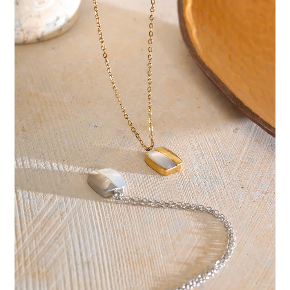 Yhpup Stainless Steel Chain Natural Shell Square Necklace Pendant Waterproof Trending Aesthetic Daily Women Jewelry Gift