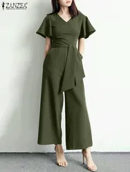 2024 ZANZEA Fashion Women Wide Leg Jumpsuits Summer V Neck Short Sleeve Rompers Elegant OL Casual Playsuits Solid Work Overalls