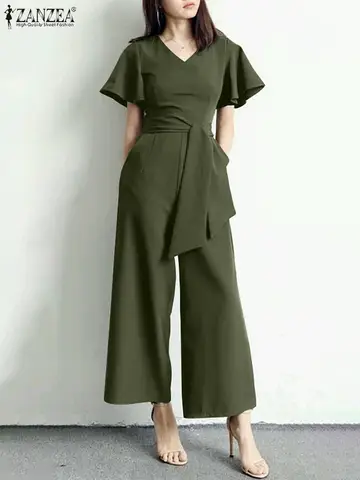 ZANZEA-Macacão de perna larga feminino, macacão com decote V, manga curta, macacão OL elegante, macacão de trabalho monocromático, moda casual, verão, 2024