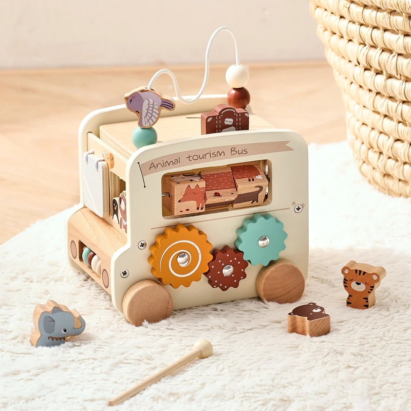 Wooden Montessorri Toys Five-in-one Bus Car Multifunctional Baby Toys Exercise Children's Hand-eye Coordination Education Toys