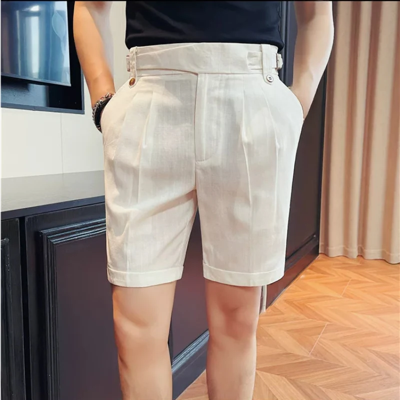 2026 New Summer Thin Lyocell Linen Blend Men's 5 Points Suit Shorts, Cool Touch High Sense Fashion Casual Mid Shorts