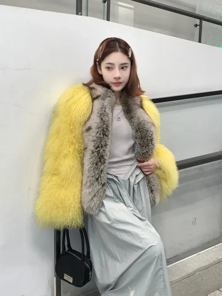 

Hot sales Luxury Autumn Winter New Product Mongolia Sheep Fur Sweet Whole Leather Fox Fur collar Beach Wool Women Short Fur Coat