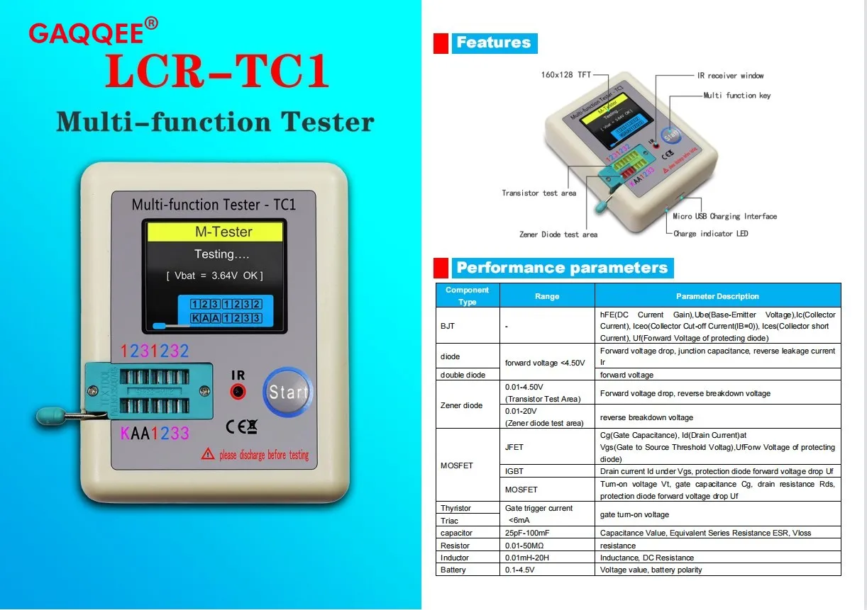 TC-T7-H TCR-T7 LCR-TC1 High Precision Transistor Tester Diode Triode Capacitance ESR MOS/PNP/NPN LCR MOSFET TFT LCD Screen Test