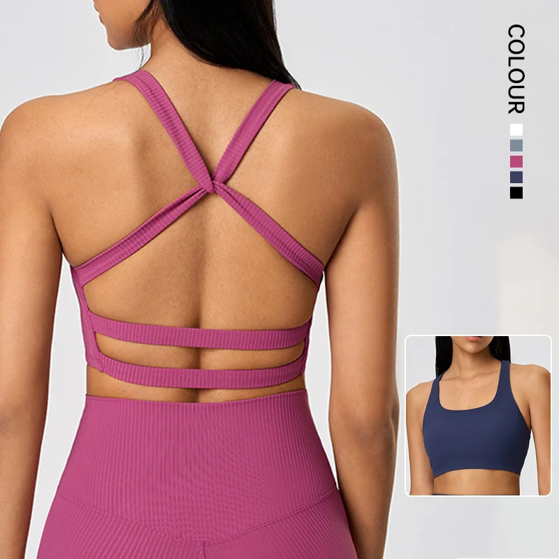 SHINBENE Sexy Cross Back Yoga Bras Ribbed Mid Support Running Fitness Top Bras