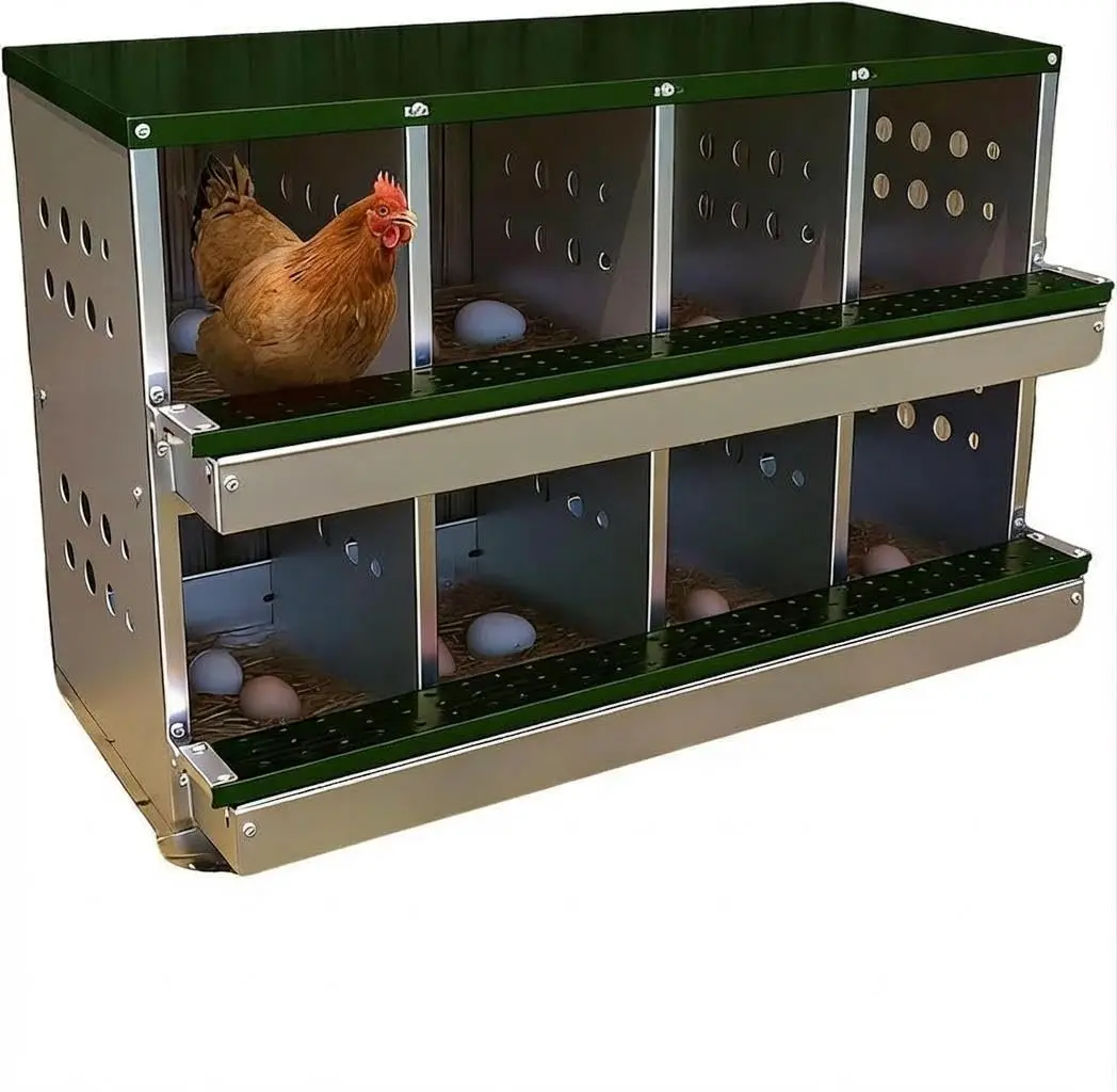 

Metal Chicken Nesting Box, 8 Compartment Chicken Coop With Swing Perch and Roll Away Egg Collection, Vented Holes