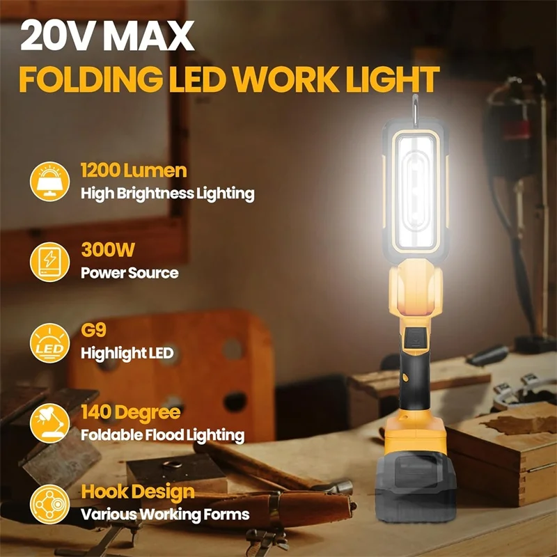 

Handheld Camping Flood Light For Dewalt 18V 20V DCB201 DCB203 Li-ion Battery 1200lm LED Work Light With Hook Foldable Flashlight