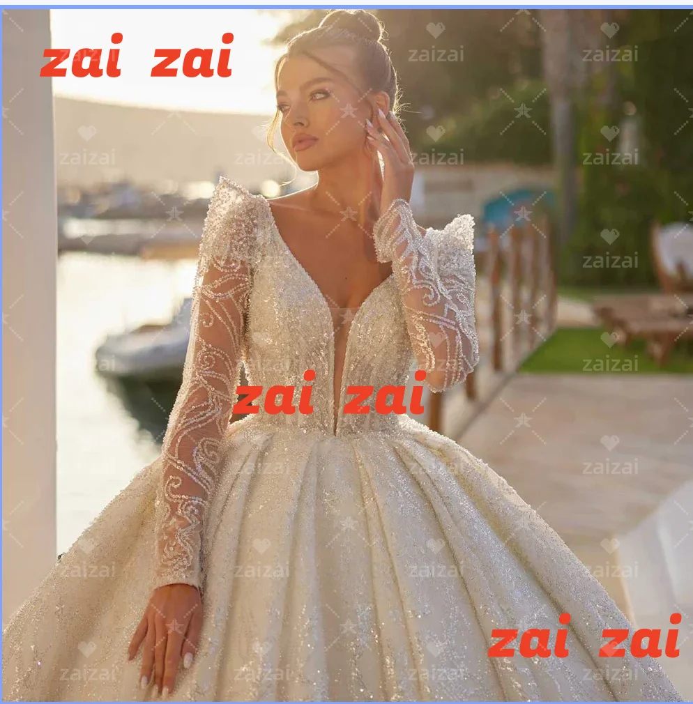 Customized Gorgeous V-Neck Long Sleeve Beading Bridal Gown Ball Gown Bride Princess Bridal Wedding Dresses Vestido De