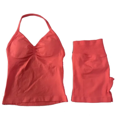 Imagen 2 del producto Dfyoga logo 2 uds Impacts conjunto de gimnasio camisetas sin mangas cintura alta Scrunch pantalones cortos sin costuras traje de gimnasio ropa deportiva entrenamiento