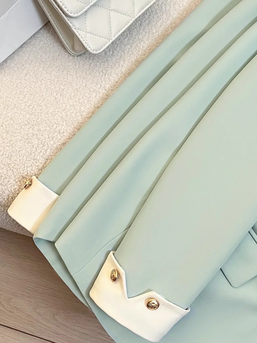 بليزرات نسائية عصرية بأكمام طويلة وبوابة أعمال متوسطة الطول وحاشية وردية سريعة الجفاف لتزيين الخصر وفتحة مزدوجة الأزرار