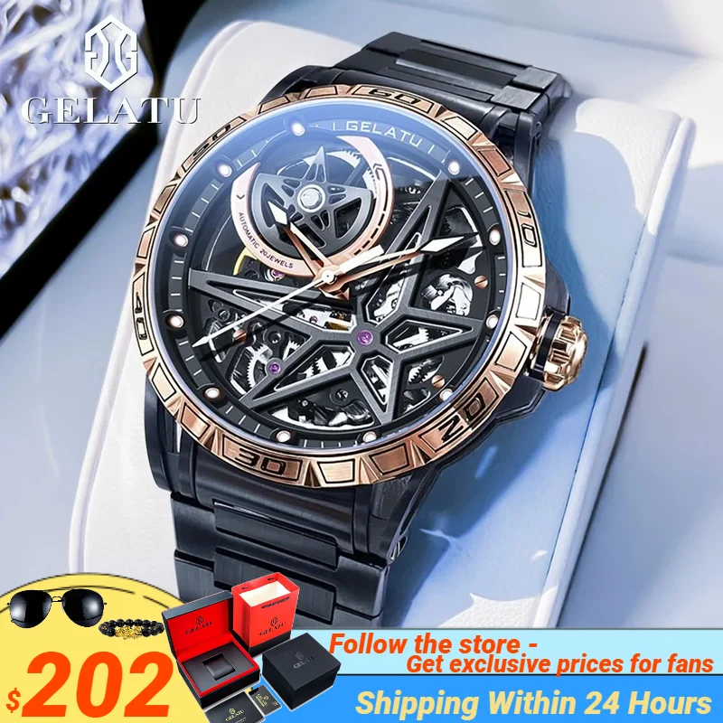 

GELATU TOP Brand Men's Watches Full Automatic Mechanical Hand Clock Luxury Flywheel Stainless steel Big Dial Wristwatches Man