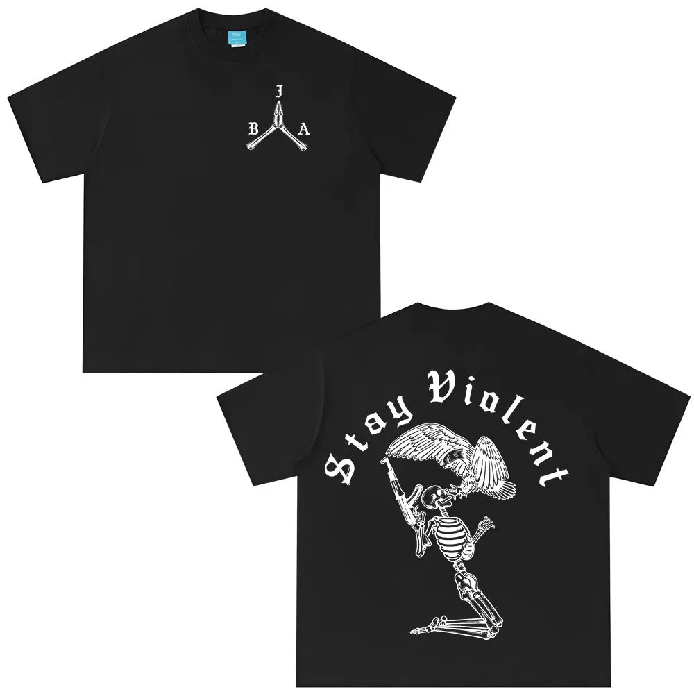 Stay Violent Brothers in Arms Skeleton Printed T-shirt Men Women Clothing Summer Casual Cotton Oversized Short Sleeves T Shirts