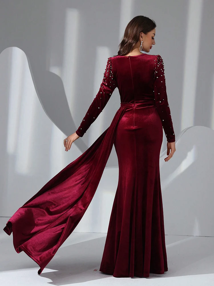 TOLEEN Women Long Sleeve Rear Zipper Manual Bead & Crystal Embellished Formal Dress, Elegant Prom Evening Gown For Wedding Guest