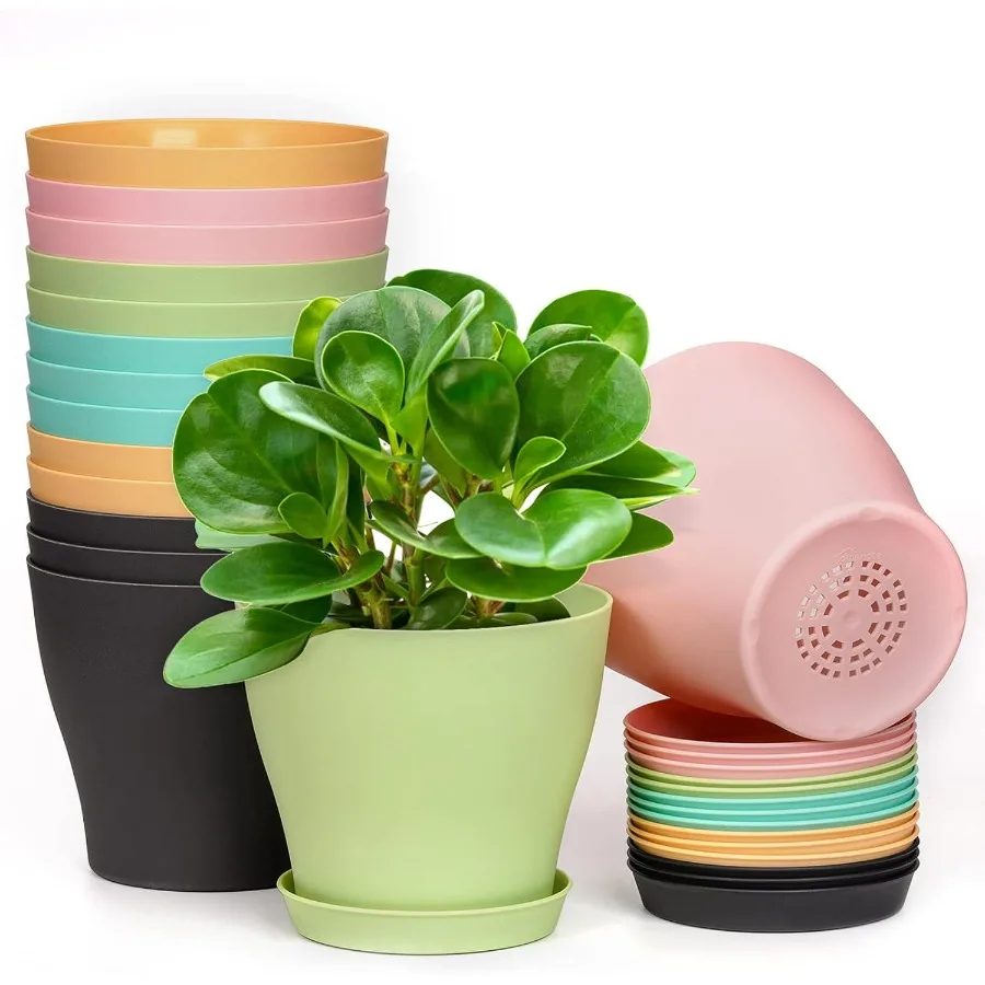 

Plant Pots Set of 15 Plastic Planters with Multiple Drainage Holes and Tray 6 inch Indoor Plant Pot for All Home Garden Flowers