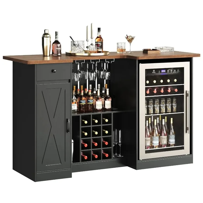 

U-Shape Liquor Cabinet with Fridge Space, Bar Table with Wine Rack Glass Holder, Wine Bar Cabinet with Storage
