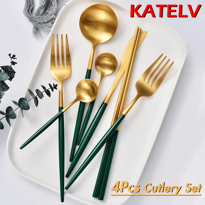 

4Pcs Luxury Cutlery Set Gold Tableware Set Stainless Steel Dinnerware Set Knife Fork Spoon Chopsticks Kit Elegant Flatware Set