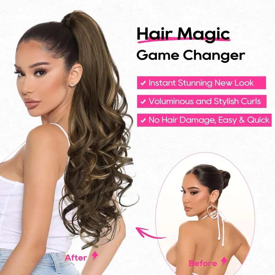 وصلة شعر على شكل ذيل حصان طويلة مجعدة ومموجة بطول 26 بوصة للنساء مع لون بني شوكولاتة داكنة ويبرز مثالية لـ D #4