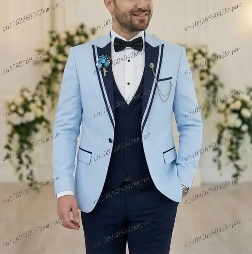 

Sky Blue And Navy Blue Formal Men Suit Groom Groomsman Wedding Party Prom Business Male Tuxedos 3 Piece Set Blazer Vest Pants
