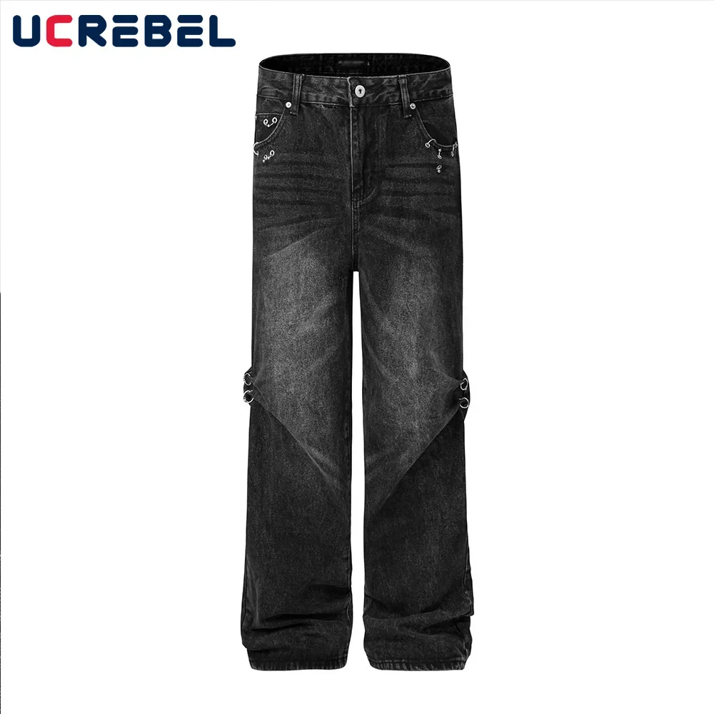 

High Street Denim Pants Mens with Rivets Washed Distressed Pleated Wide leg Loose Jeans Men Trousers