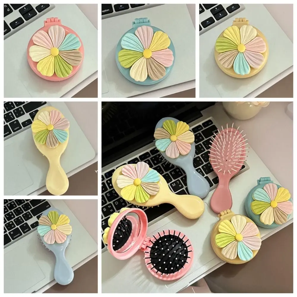 Portable Cake Flower Air Bag Comb Massage Comb Pocket Mirror 2 in 1 Comb Mirror Set Hair Brush Girl Heart Foldable Mirror Comb