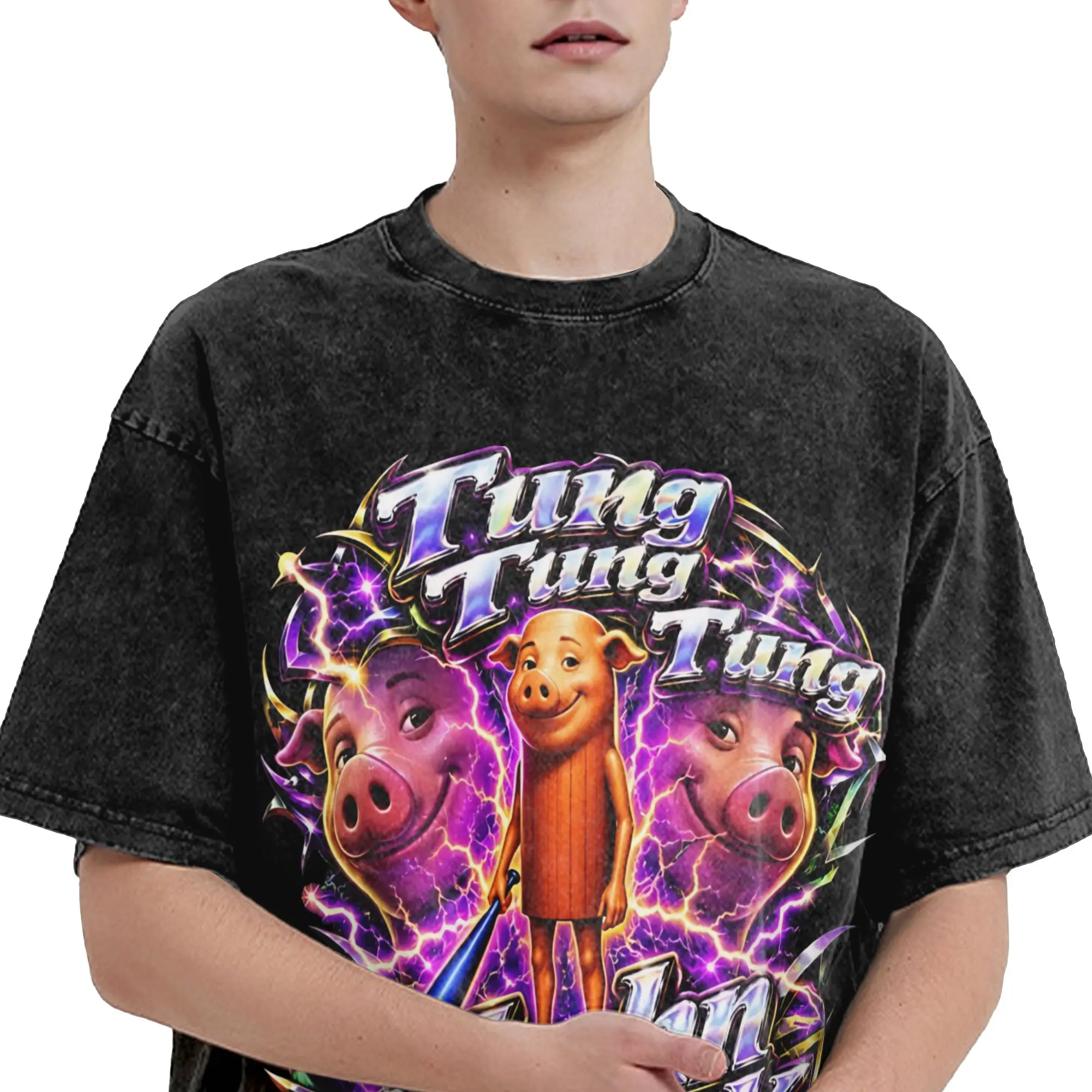 Tung Tung Tung John Pork is Calling Y2K Bootleg Dih Meme  T Shirt Hip Hop Washed Oversize T-Shirts Men Women Streetwear