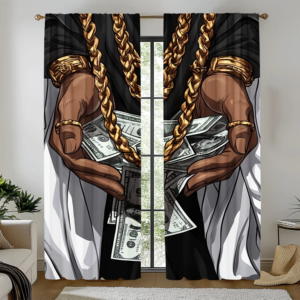 Wealth Curtains 2 Panels, Golden Chain Dollar Bill Luxury Print  Polyester Semi-Translucent Rod Pocket for Bedroom Living Room