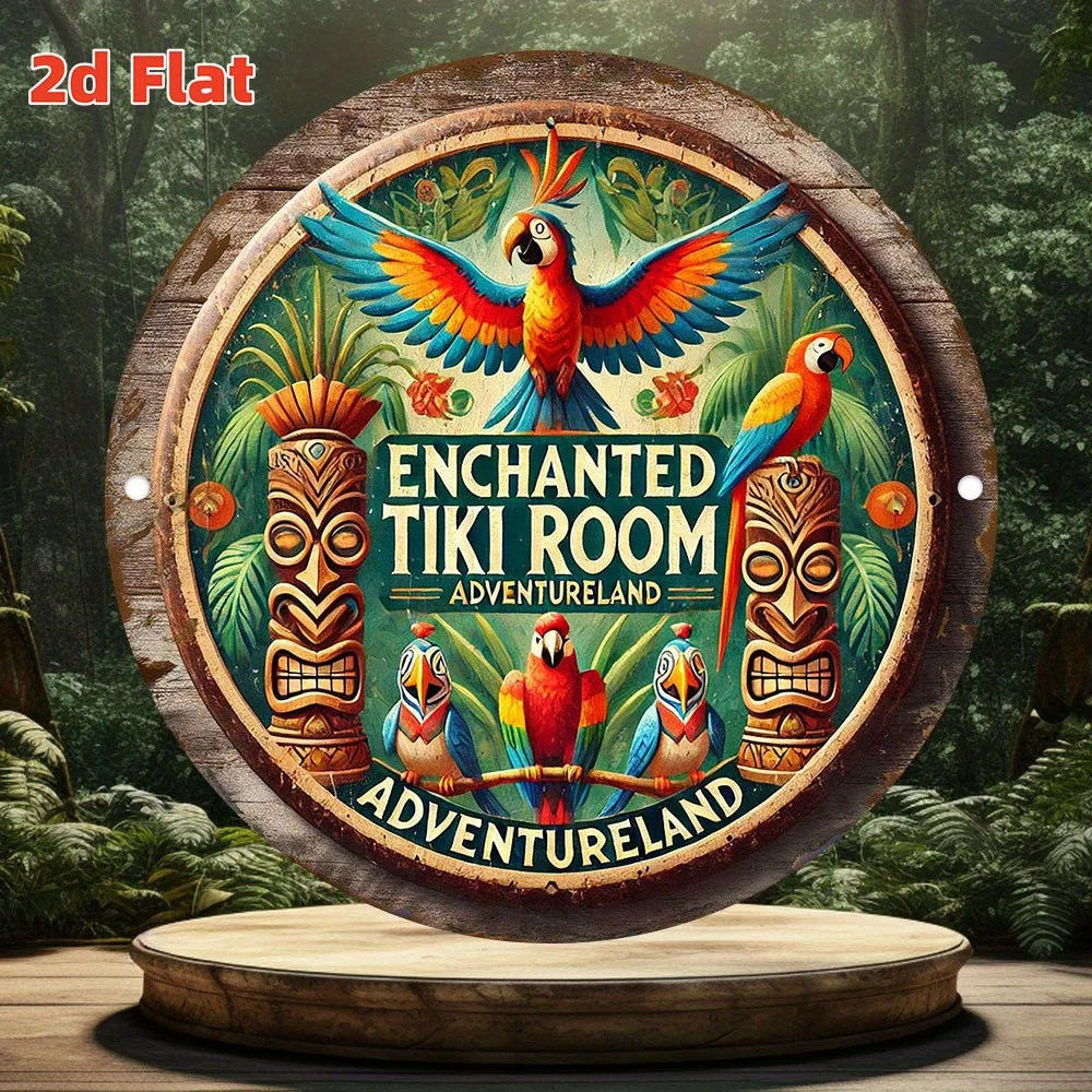 2D Flat, Enchanted Tiki Room Adventureland Metallblechschild – lebendiges Papageien- und Tiki-Masken-Design, wasserdichte und staubdichte Wanddekoration