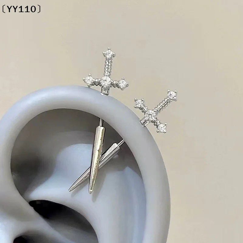 Pendientes con forma de espada y diamantes de imitación para mujeres y hombres, joyería punk con circonita flotante para perforación de hélice y cartílago de la oreja, regalos〔YY110〕