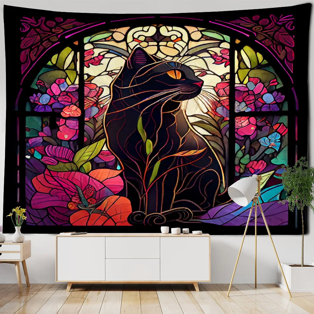 Kolorowa wisząca ściana gobelinowa z kotem, czary, psychodeliczny akademik zwierzęcy, estetyczna dekoracja pokoju, marzycielskie tkaniny tła