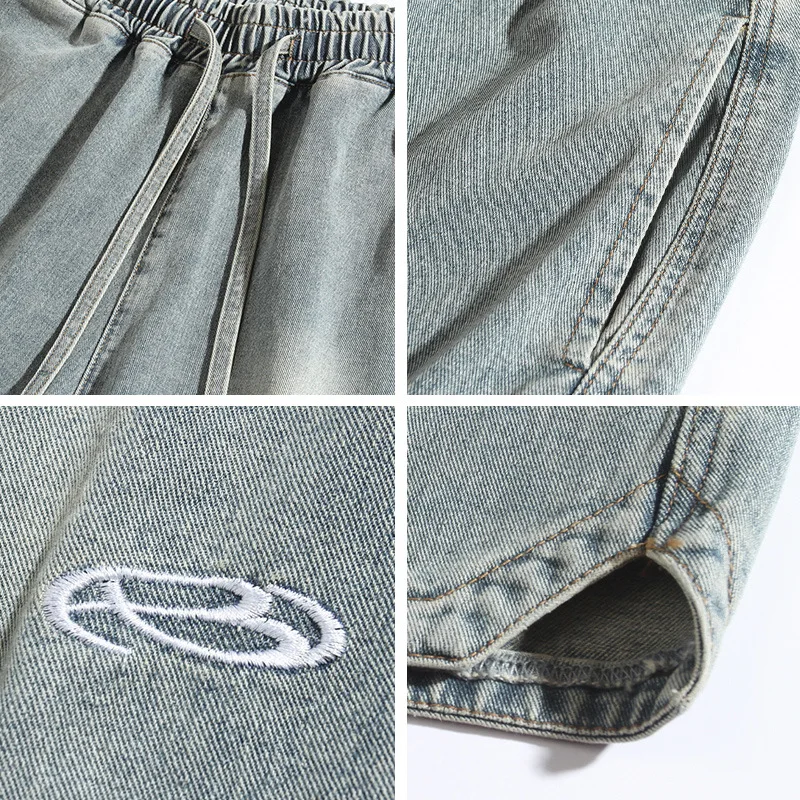 الرجال طول الركبة المتعثرة الرباط مستقيم الجينز الدنيم السراويل غسلها تقسم السراويل التطريز فضفاض عادية 2025 صيف جديد