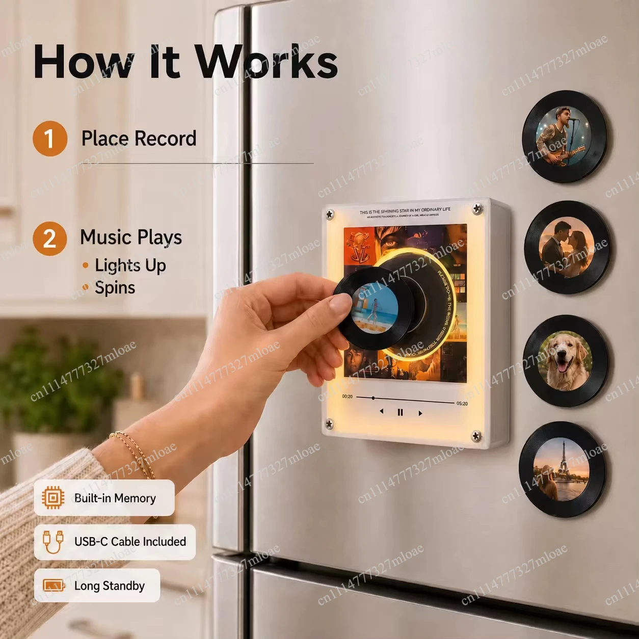 Hallyu collectible NFC refrigerator sticker, rotatable vinyl music player LED