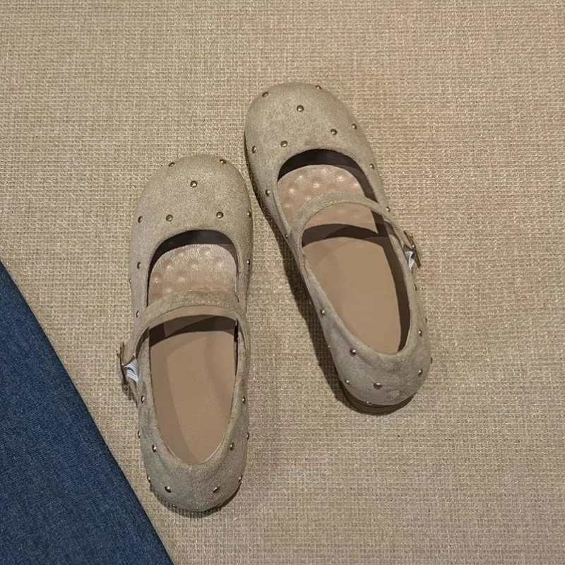 Sepatu Wanita Model Mary Jane Desain Rivet Berhias Batu Rhinestone, Ujung Runcing, Hak Rendah, Sepatu Desainer Mewah