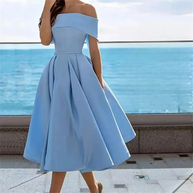 

Customized Short Satin Evening Dresses with Pockets/Sash A-Line Light Blue Pleated Prom Dress Wedding Guest Dress for Women